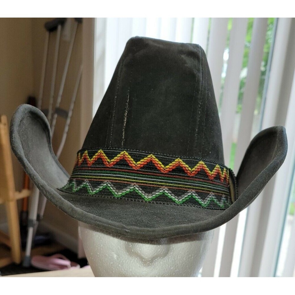 VTG UNITED HATTERS CAP & MILLINERY Black Suede COWBOY HAT SZ XL Colorful Band
